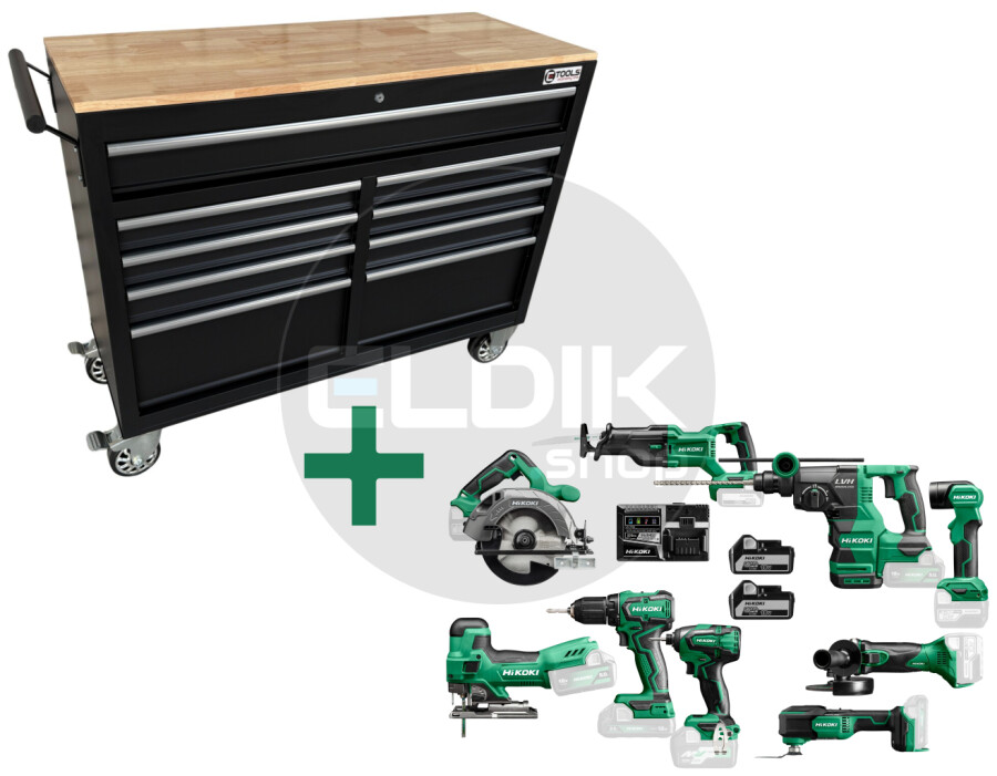 E-Tools 117 cm Verrijdbare Werkbank + 12 Delige HiKOKI Combiset