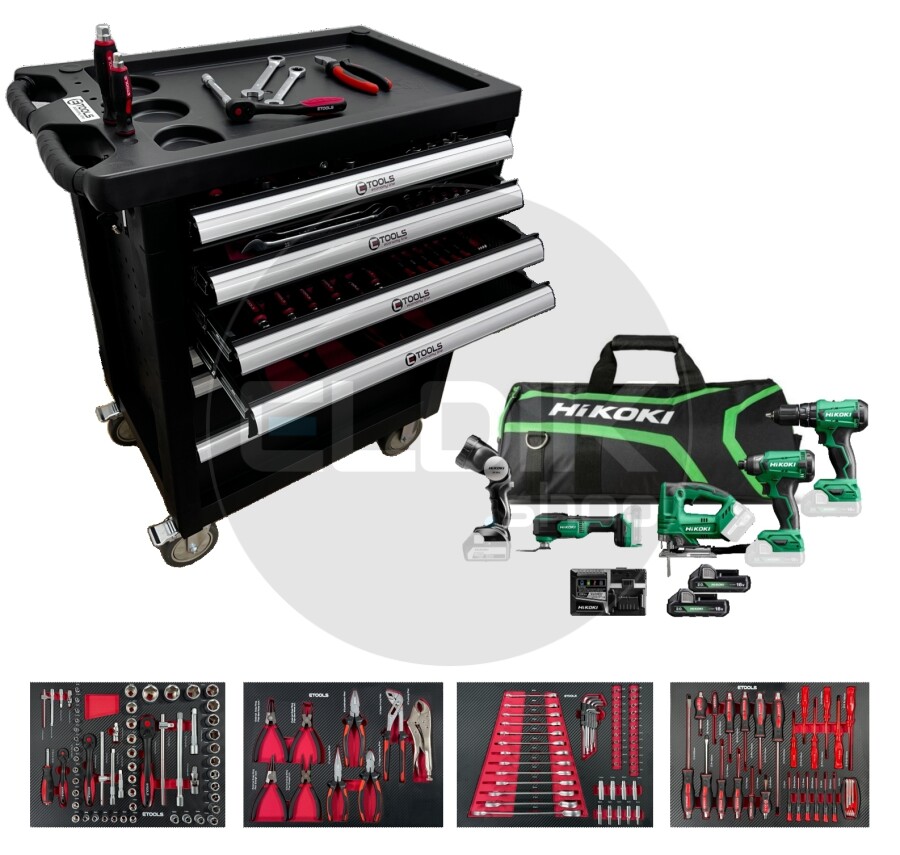E-Tools 171203 154 Delige Gevulde Gereedschapswagen + HiKOKI 18V Combiset