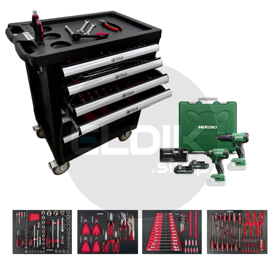 E-Tools 171197 154 Delige Gevulde Gereedschapswagen + HiKOKI 18V Combiset