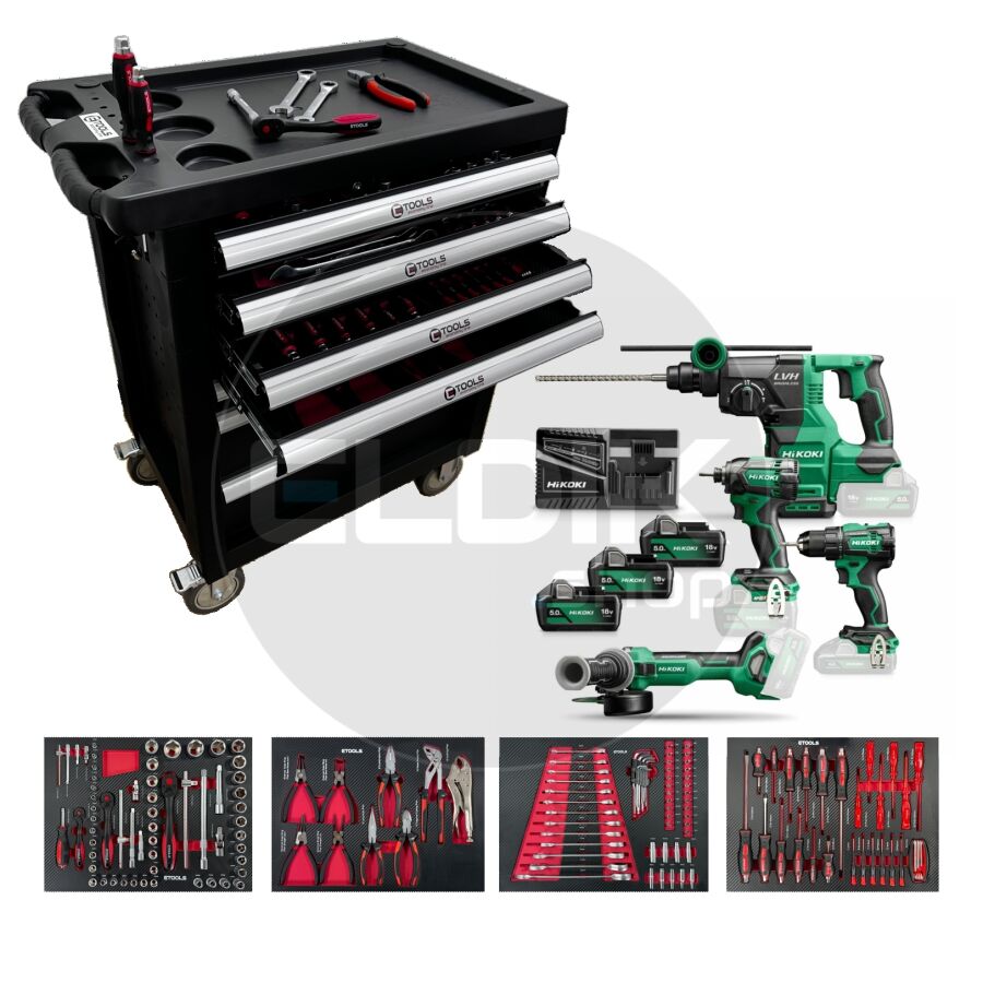 E-Tools KC18DEWHZ/70459 154 Delige Gevulde Gereedschapswagen + HiKOKI 18V Combiset