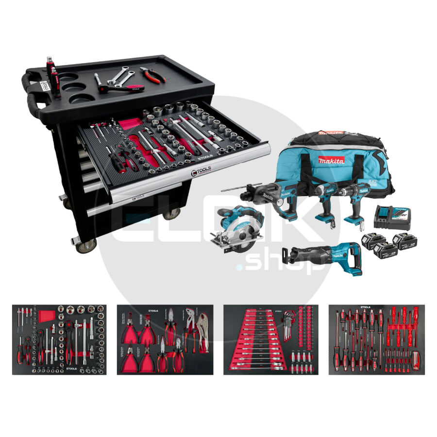 E-Tools 173191 154 Delige Gevulde Gereedschapswagen + Makita 18V Combiset