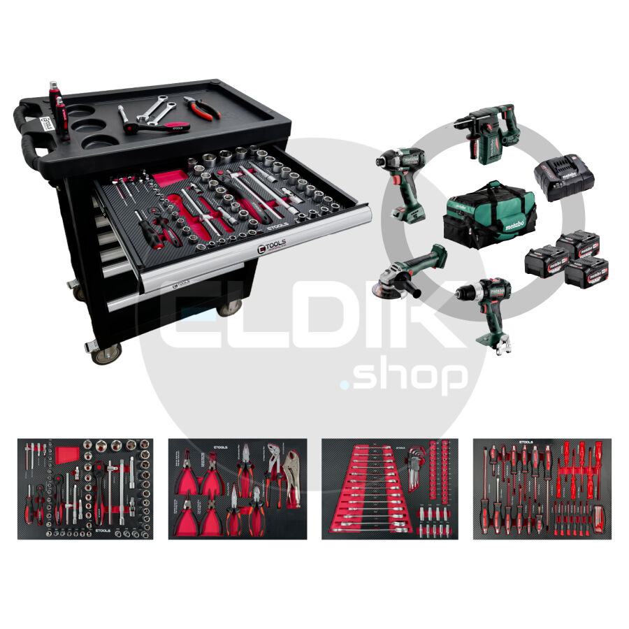 E-Tools 173207 154 Delige Gevulde Gereedschapswagen + Metabo 18V Combiset
