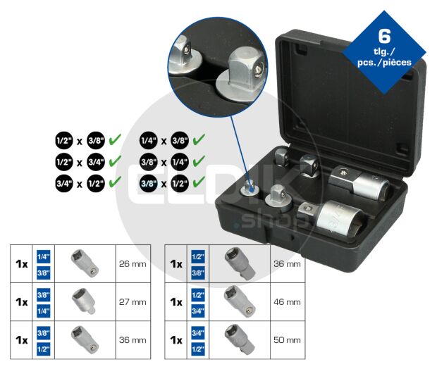 Brilliant Tools BT024006 Adapterset, 6 dlg, 1/4" + 3/8" + 1/2" + 3/4"