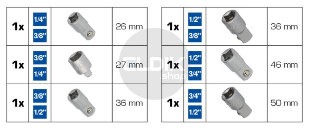 Brilliant Tools BT024006 Adapterset, 6 dlg, 1/4" + 3/8" + 1/2" + 3/4"