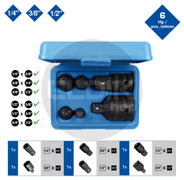 Brilliant Tools BT024605 Krachtadapterset, 6 dlg, 1/4" + 3/8" + 1/2" + 3/4"