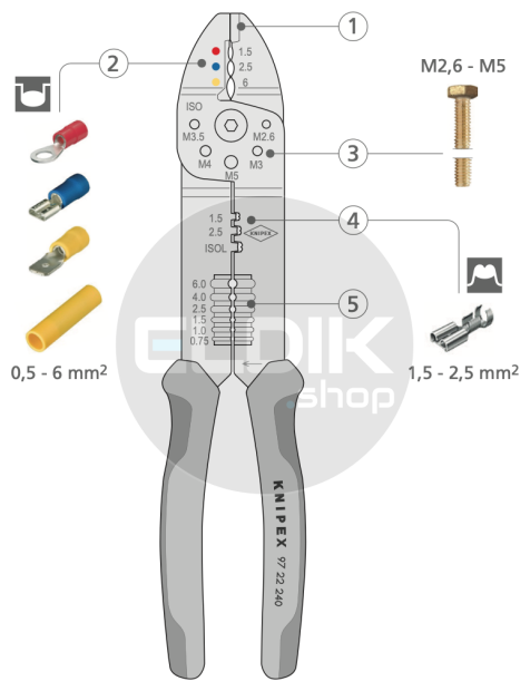 Knipex 97 22 240 Multifunctionele Krimptang voor Kabelschoenen 0,5–6,0 mm²