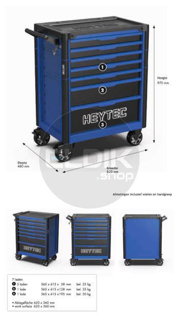 Heytec 50811322700 Gevulde gereedschapswagen 7 laden | 132 Delig in Foam inlay | Blauw