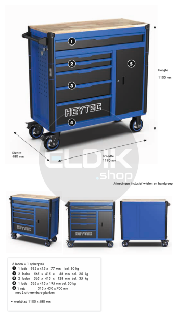 Heytec 50811330120 Gevulde gereedschapswagen 6 laden | 167 Delig in Foam inlay | Blauw