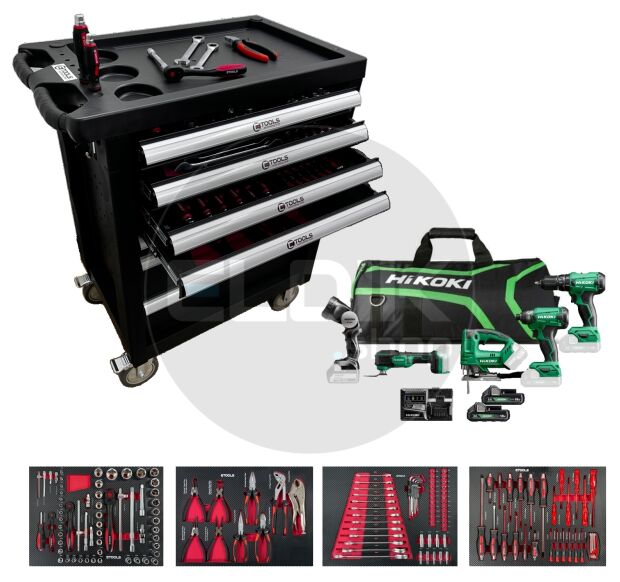 E-Tools 171203 154 Delige Gevulde Gereedschapswagen + HiKOKI 18V Combiset