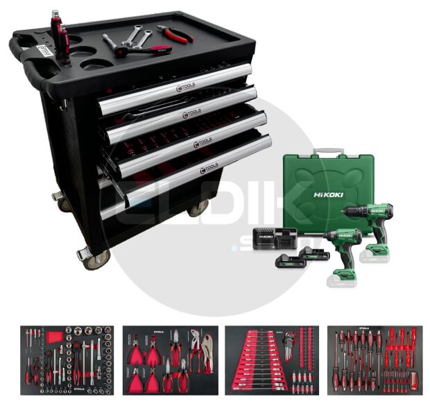 E-Tools 171197 154 Delige Gevulde Gereedschapswagen + HiKOKI 18V Combiset