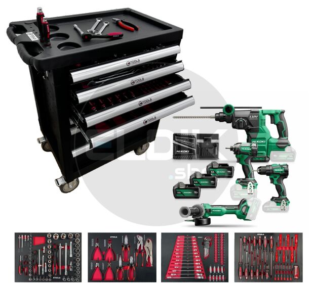 E-Tools KC18DEWHZ/70459 154 Delige Gevulde Gereedschapswagen + HiKOKI 18V Combiset