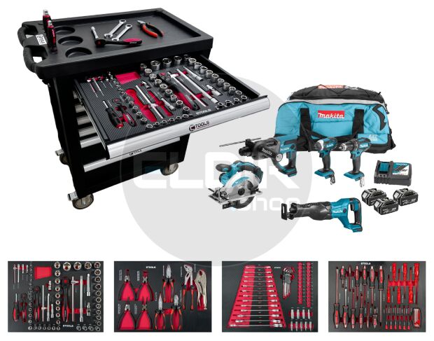 E-Tools 173191 154 Delige Gevulde Gereedschapswagen + Makita 18V Combiset