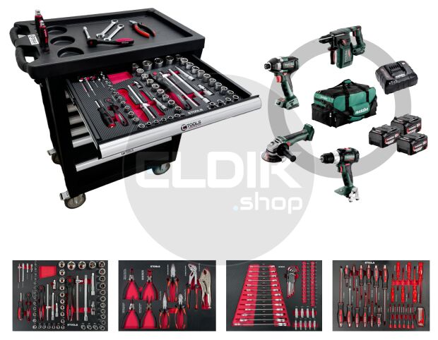E-Tools 173207 154 Delige Gevulde Gereedschapswagen + Metabo 18V Combiset