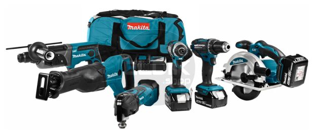 18 V Combiset voor divers zaag-, boor- en (slag)schroefwerk | 5,0 Ah accu (3 st.), snellader, DDF482, DTD152, DHR202, DJR186, DSS610, DTM51, Toolbag (trolley)