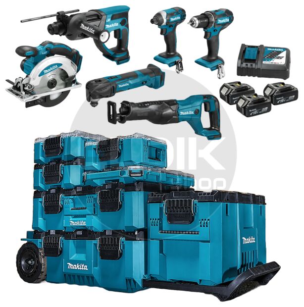 18V combiset – 6 machines + 3 accu’s + lader + Maktrak set