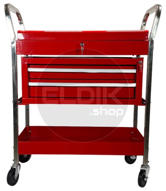 Gereedschapswagen met afsluitbaare deksel en ladekast - rood